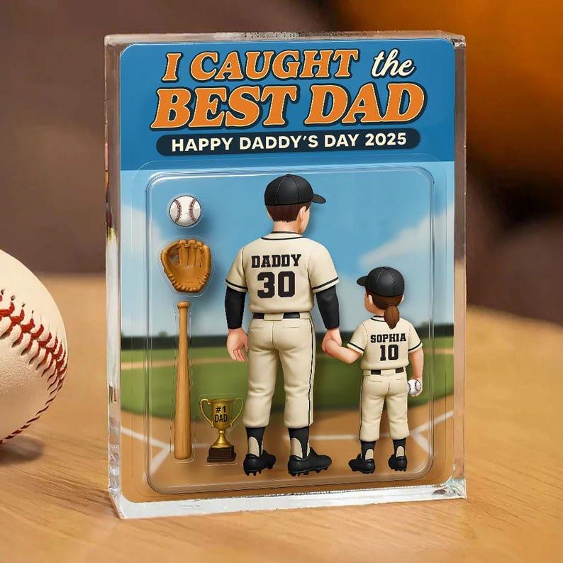 We Caught The Best Dad, Custom Figure Acrylic Block Plaque, Birthday Father's Day 2025 Gift For Baseball Dad Grandpa Husband,Baseball Player