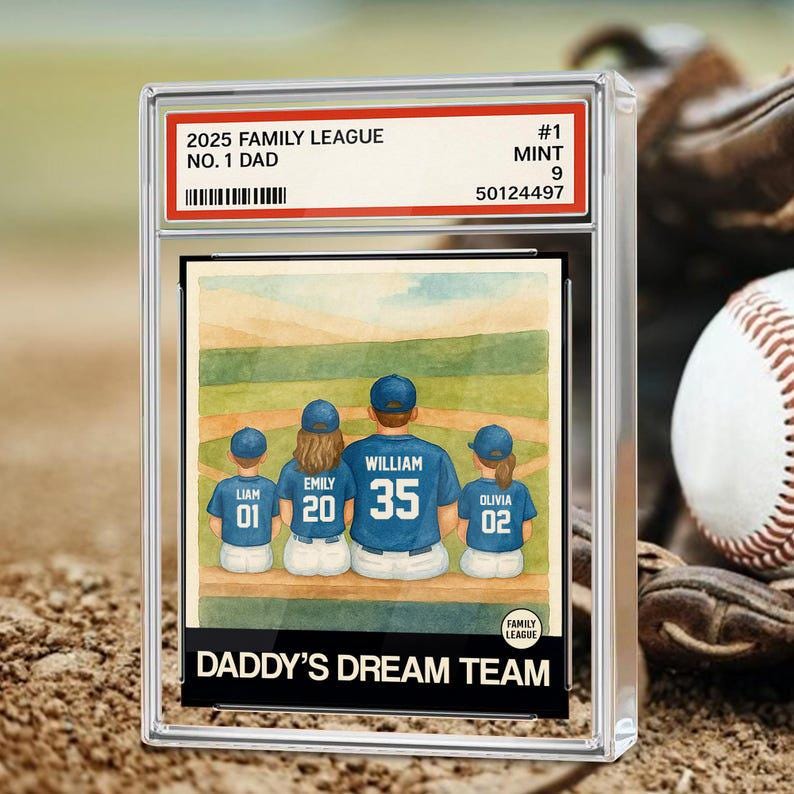 Baseball No. 1 Dad Man And Kids Trading Card Style Personalized Acrylic Block, Father's Day 2025 Gift For Husband, Daddy's Dream Team Plaque