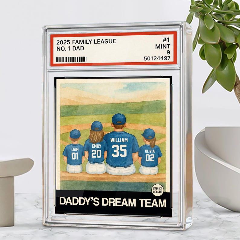 Baseball No. 1 Dad Man And Kids Trading Card Style Personalized Acrylic Block, Father's Day 2025 Gift For Husband, Daddy's Dream Team Plaque