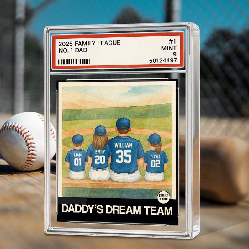 Baseball No. 1 Dad Man And Kids Trading Card Style Personalized Acrylic Block, Father's Day 2025 Gift For Husband, Daddy's Dream Team Plaque