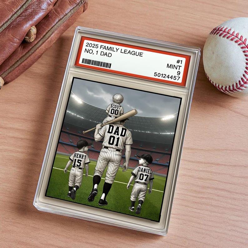 Baseball No. 1 Dad Grandpa Man & Kids Trading Card Style Personalized Acrylic Block Plaque Father's Day 2025 Gift for Baseball Dad, Husband