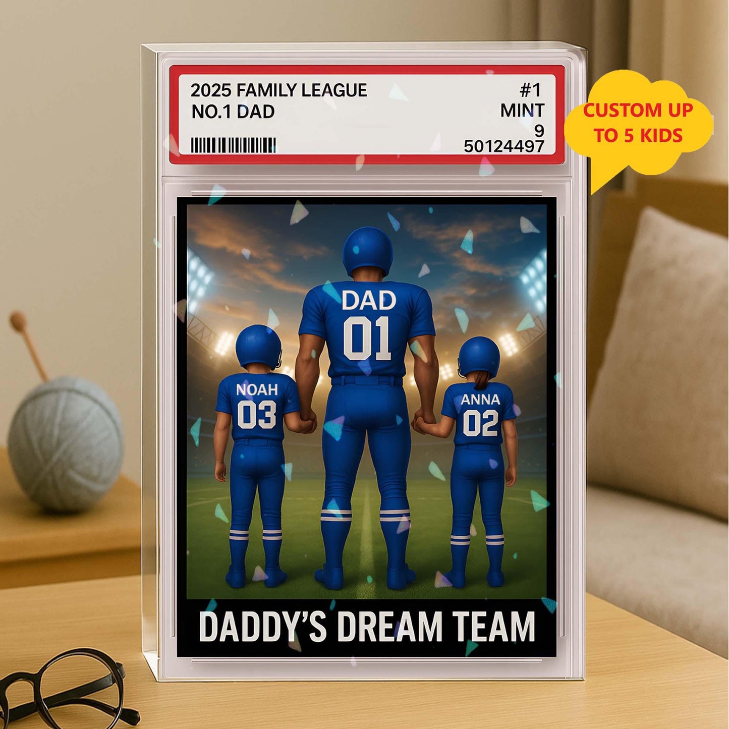 Hologram Football Team No. 1 Dad Man & Kids Trading Card Style Acrylic Block Plaque, Custom Father's Day Gift for Dad, Gifts for Husband