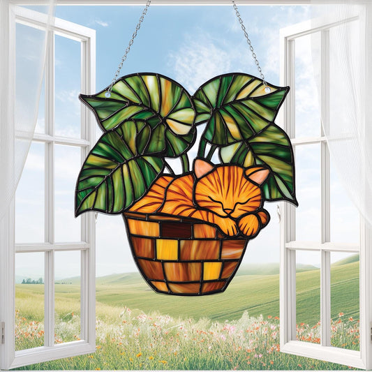 Orange Cat Sleeping In Plant Pot Window Hanging, A Cozy Sleeping Cat Gift, Tropical Leaf Pot Decor, Botanical Jungle Ornament, Memorial Gift
