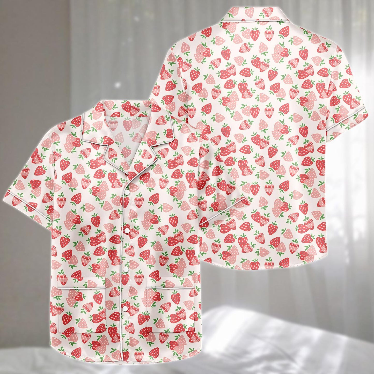 Strawberry Cartoon Satin Pajamas Set, Pink Fruit Print Short Sleepwear, Kawaii Summer Loungewear, Cute Women Pajamas Set, Funny Gift