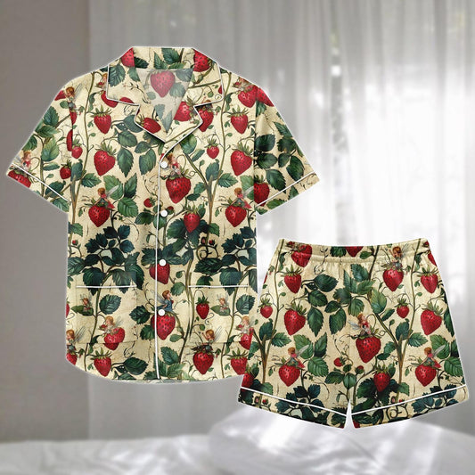 Vintage Strawberry Botanical Satin Pajamas Set, Antique Fruit Print Short Sleepwear, Cottagecore Garden Matching Pajamas, Funny Gift