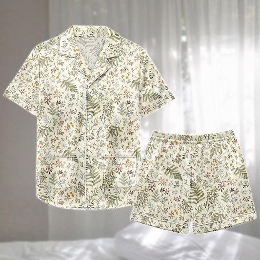 Botanical Satin Pajamas Set, Nature Leaf Print Short Sleepwear, Cottagecore Plant Loungewear, Garden Lover Pajamas, Gift For Her