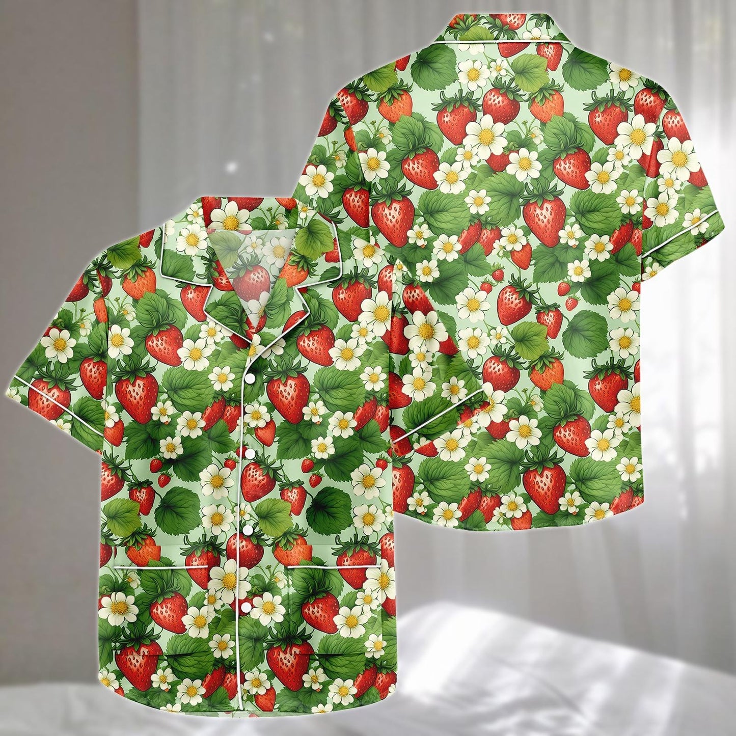 Strawberry Floral Satin Short Pajamas Set, Summer Fruit Print Sleepwear, Cute Garden Loungewear, Cute Matching Pajamas, Gift For Her