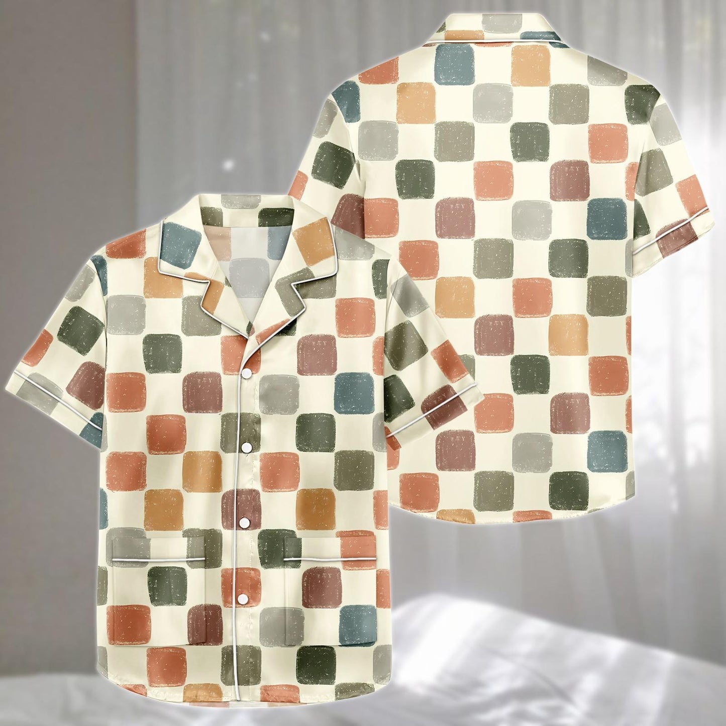 Retro Checkered Satin Pajamas Set, Colorful Square Print Sleepwear, Artistic Minimal Loungewear, Cute Matching Pajamas, Funny Gift