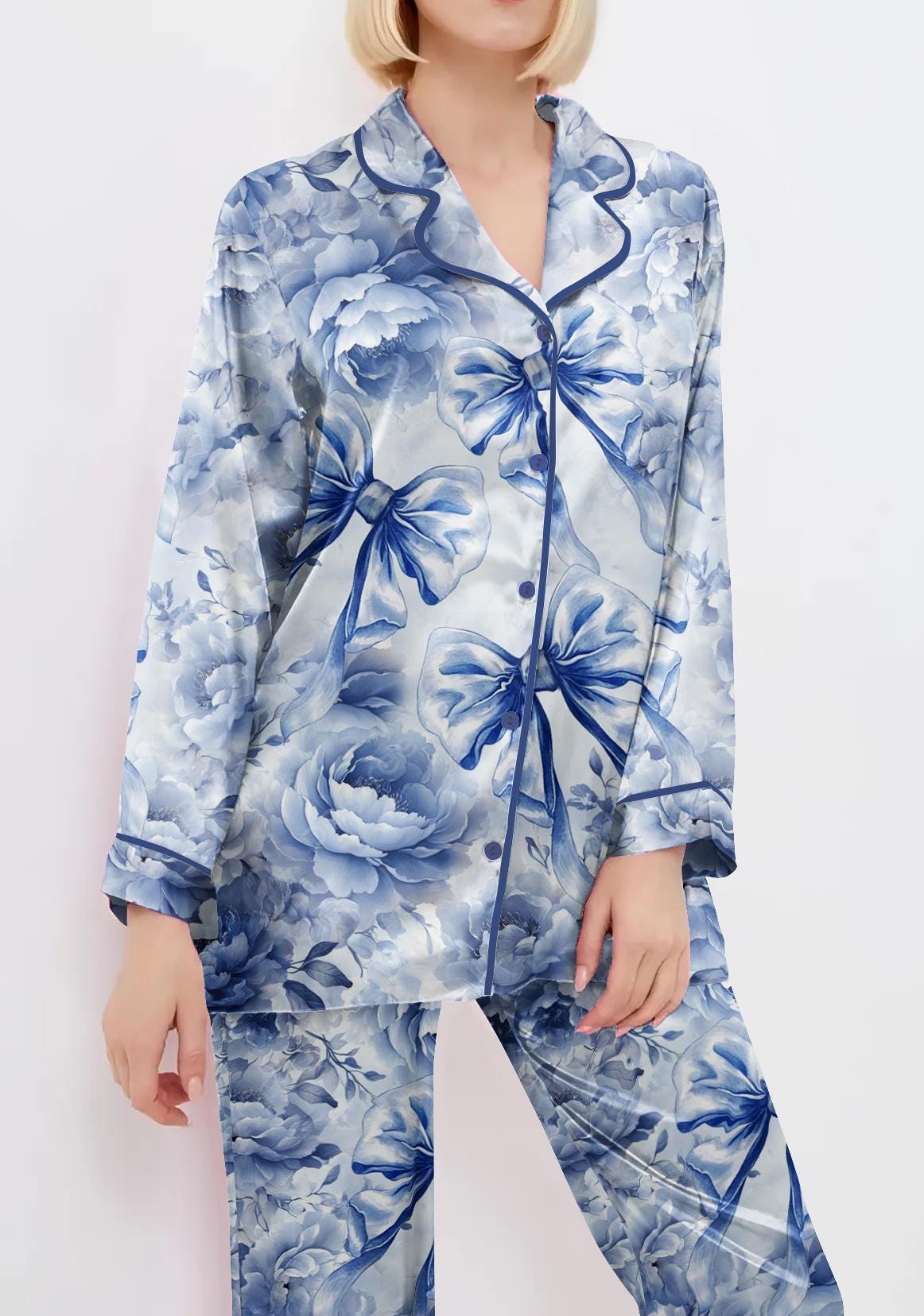 Mom Birthday Gift, Blue Coquette Floral Pajamas Satin Set, Mother's Day Gift, Gift For Her, Gift For Grandma, Birthday Gift, Gift For Women