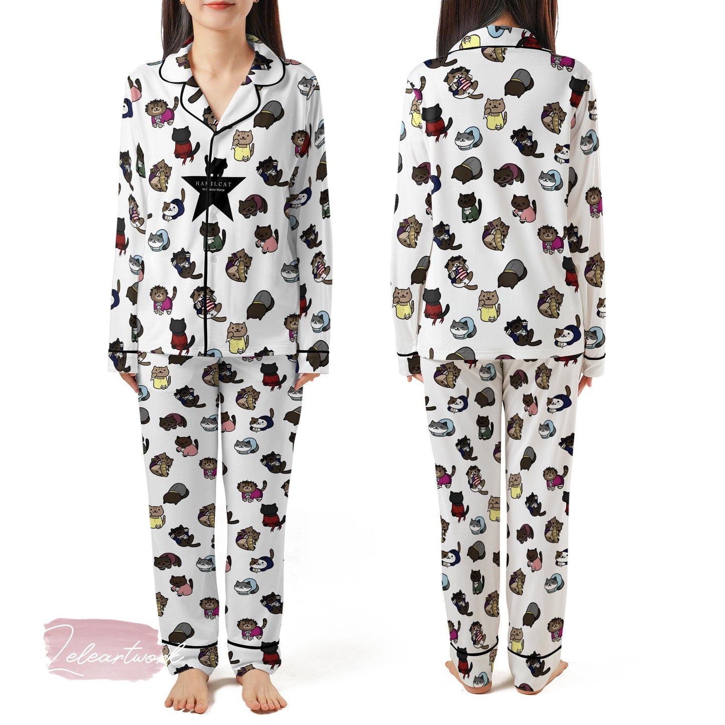 Hamiltoncat Silky Satin Pajama Set For Women | Musical Theater Cat Sleepwear | Cute Broadway-Inspired PJs | Gift for Cat & Theater Fans