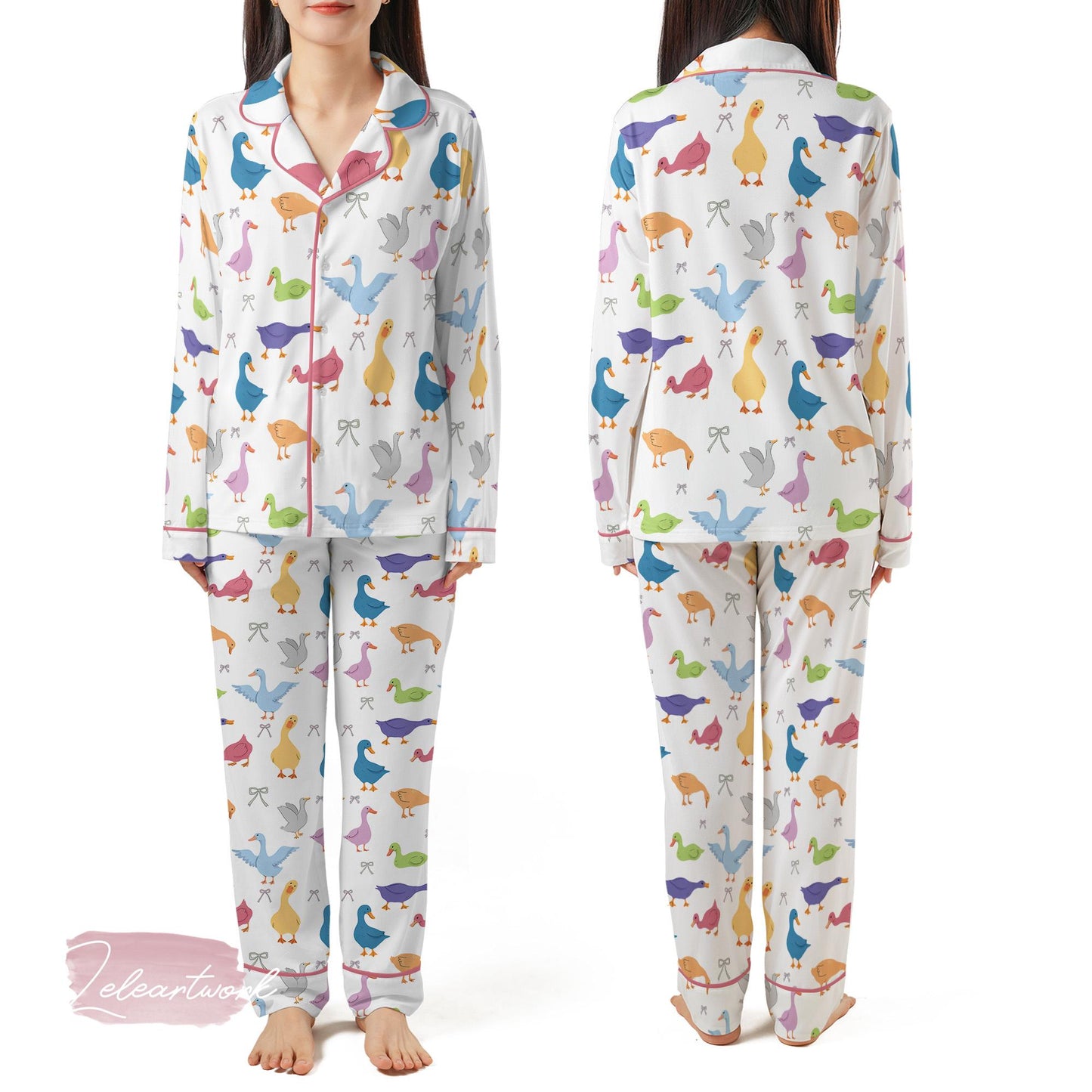 Silly Goose LGBT Silky Satin Pajama Set For Women | Colorful Rainbow Goose Sleepwear | Funny Pride PJs | Queer Joy Gift