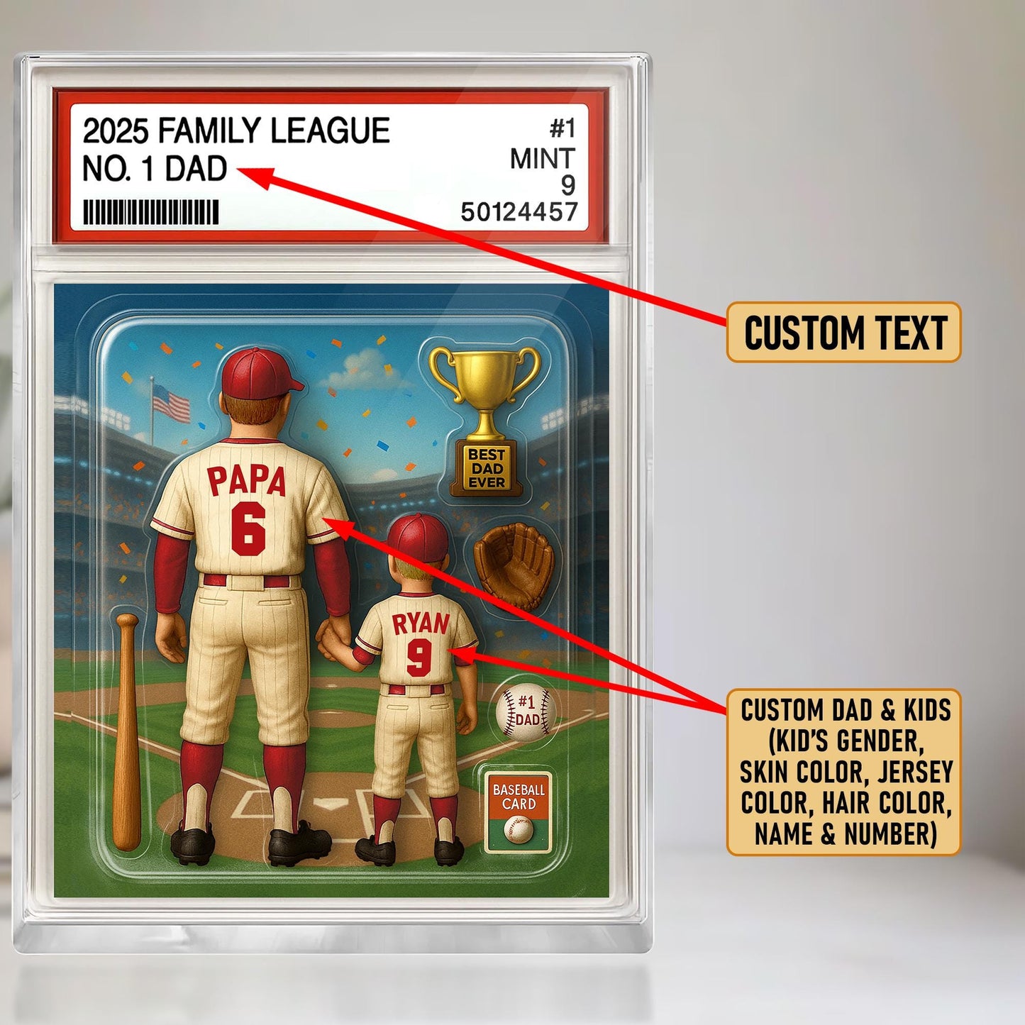 Baseball No. 1 Dad & Kids Trading Card Style Custom Action Figure Plaque, Father's Day Gift for Dad, Gift for Husband, Custom Acrylic Block