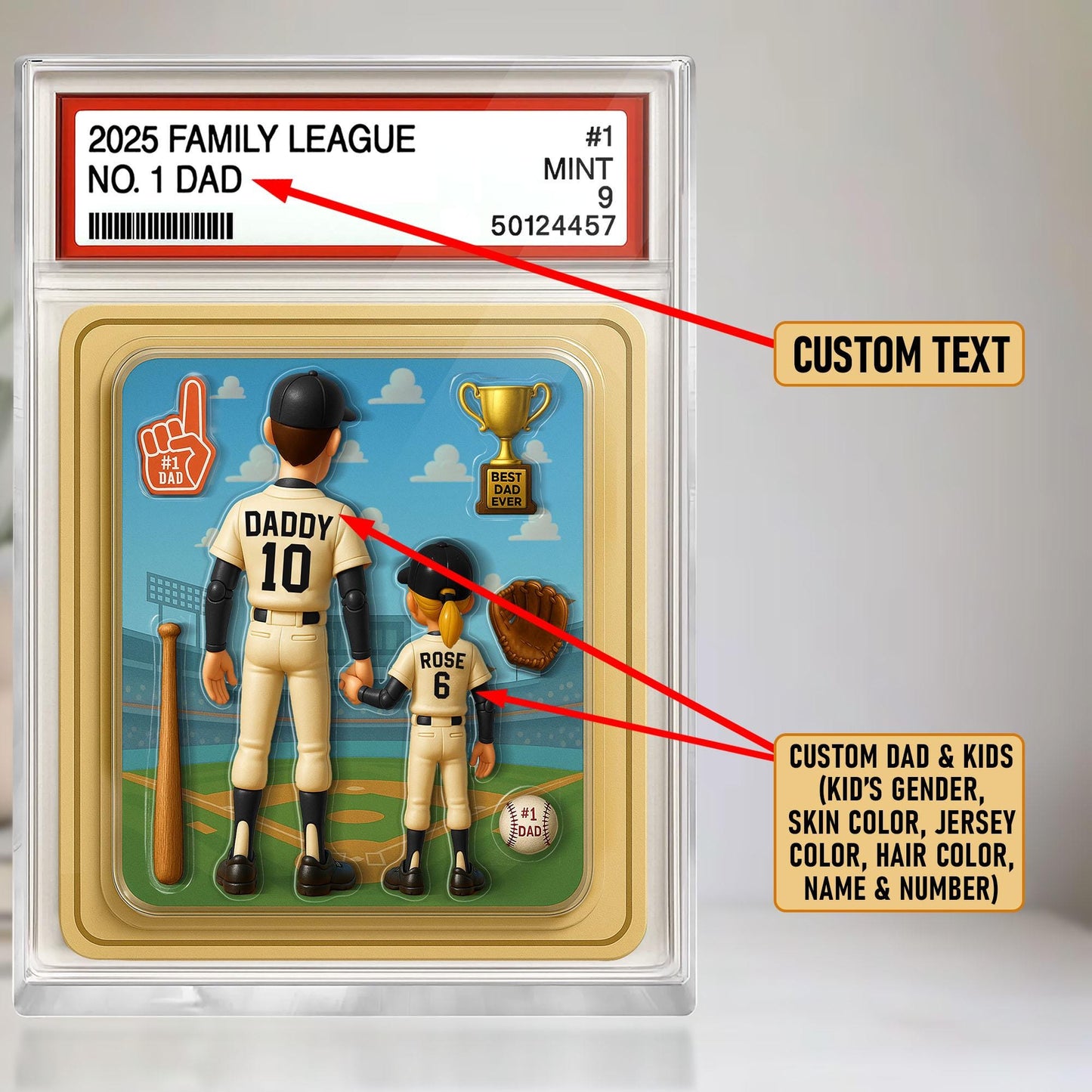 Baseball No. 1 Dad & Kids Trading Card Style Custom Action Figure Plaque, Father's Day Gift for Dad, Gift for Husband, Custom Acrylic Block