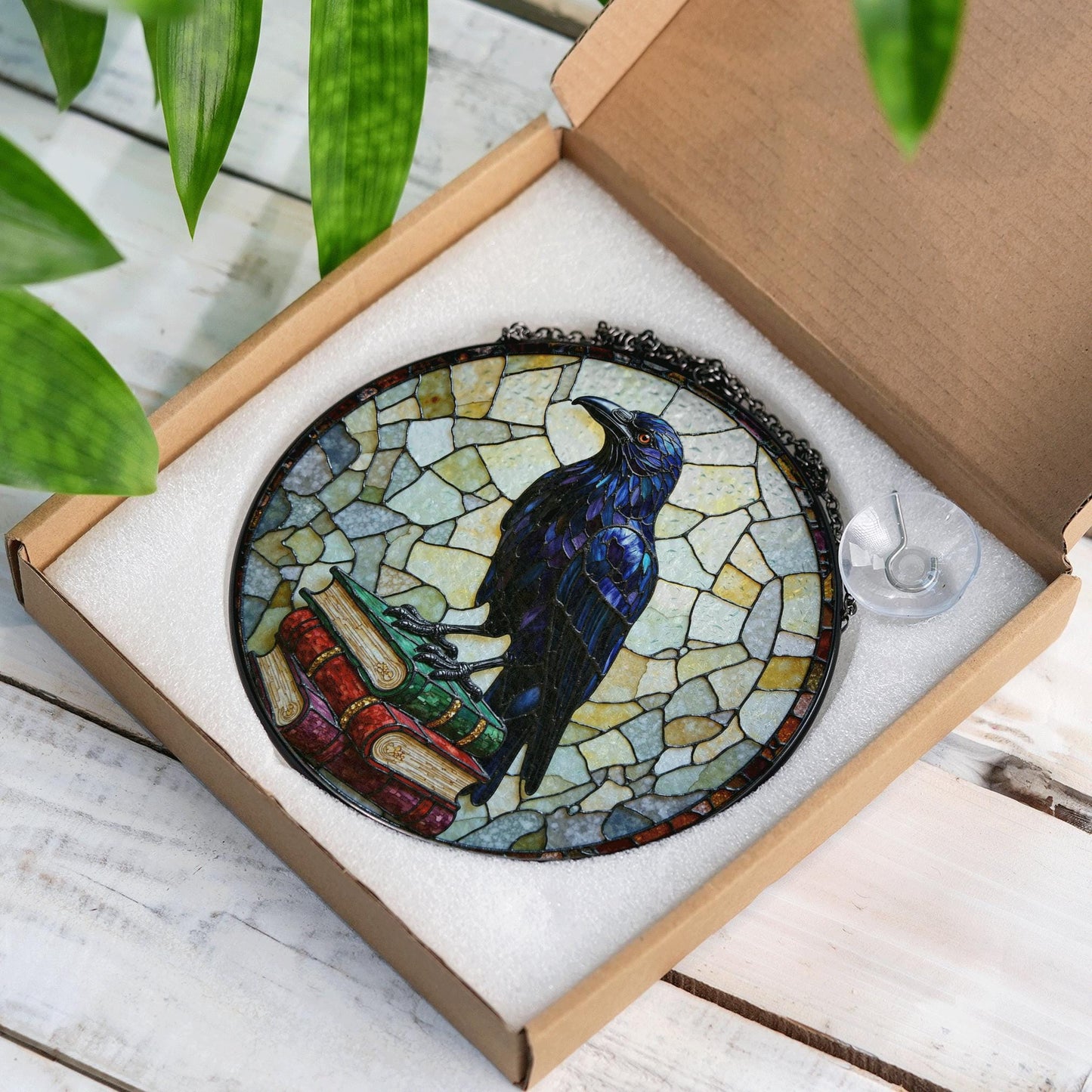 Raven on Books Round Suncatcher Gothic Window Art Gift for Book Lovers