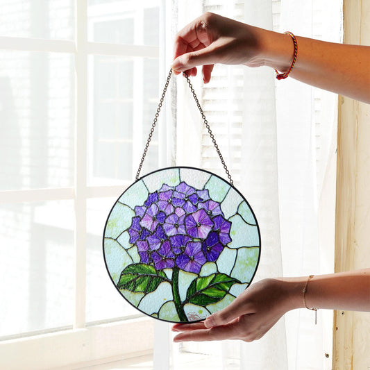 Purple Hydrangea Flower Stained Glass Suncatcher Window Decor Gift for Mom