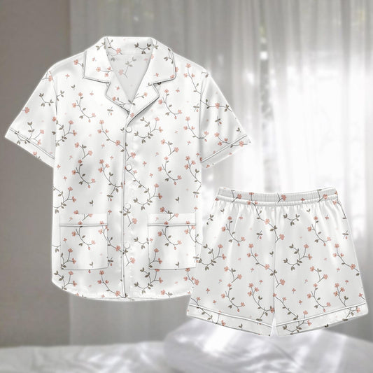 Delicate Floral Satin Pajama Short Set, Elegant Vine Flower Sleepwear, Summer Matching Pjs Women Nightwear, Birthday Gift Idea For Her