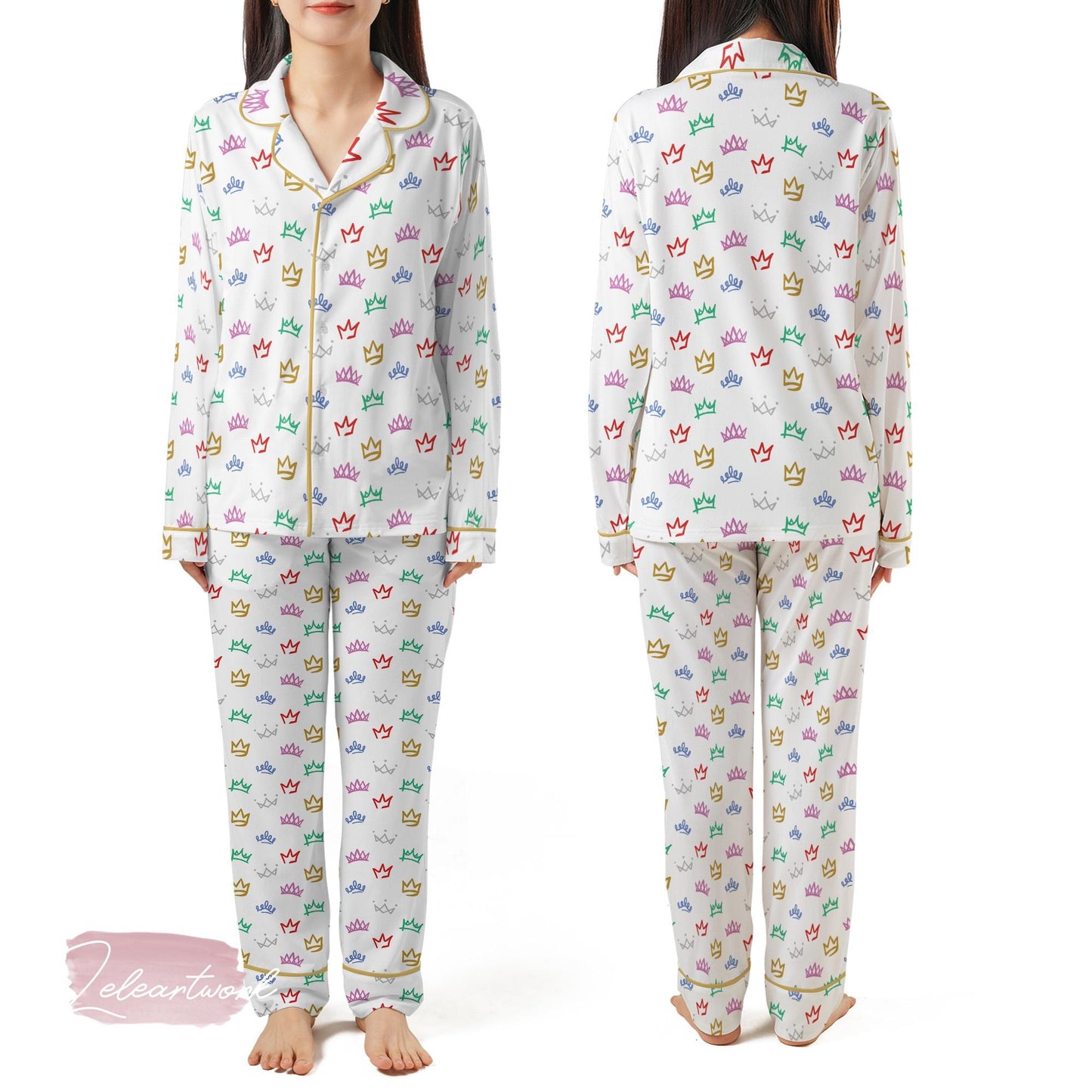 Six The Musical Broadway Set | Silky Satin Crown Print Pajama Set for Women | Queendom Sleepwear | Theater Gift for Her