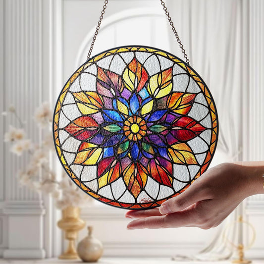 Mandala Stained Glass Suncatcher, Geometric Window Hanging Decor, Boho Sun Catcher Ornament, Colorful Glass Art, Outdoor Patio Wall Decor