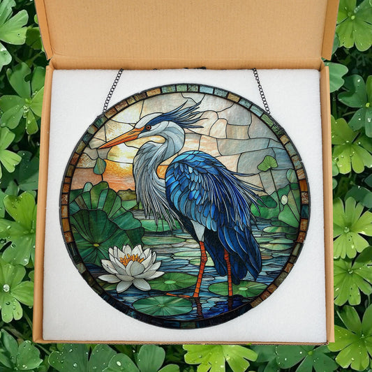 Blue Heron Stained Glass Suncatcher, Birds Lover Gift, Peaceful Art Window Hanging Decor, Bird Glass Suncatcher, Blue Heron Lovers Presents