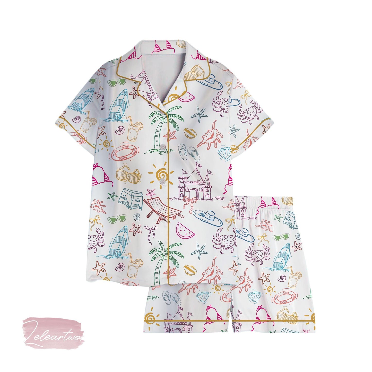 Cousins Beach Set | Silky Satin Pajama Set for Women | Summer Beach Print Loungewear | Lightweight Coastal Sleepwear | Girls Trip Gift Idea