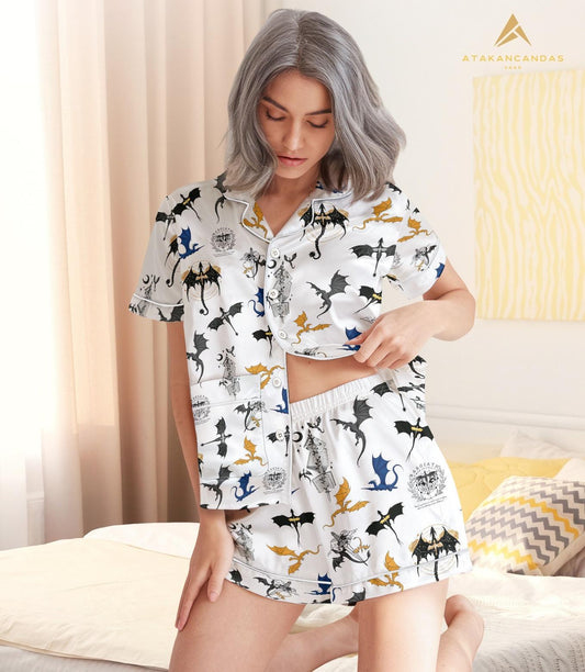 Fourth Wing Short Satin Pajamas, Dragon Fly Or Die Matching Pajamas, Dragon Bookish Short Sleeve Pajamas, Dragon Bride Pajamas Women