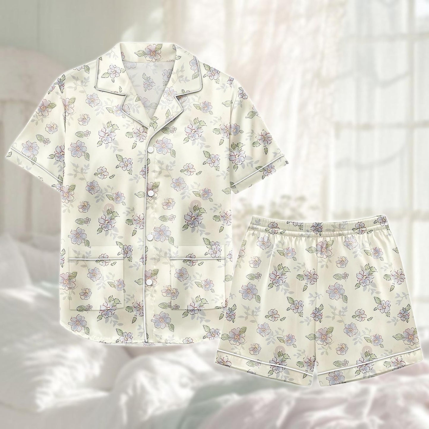 Pastel Floral Satin Pajama Set, Soft Short Sleeve Pjs For Women, Elegant Flower Sleepwear, Summer Loungewear, Birthday Gift For Her