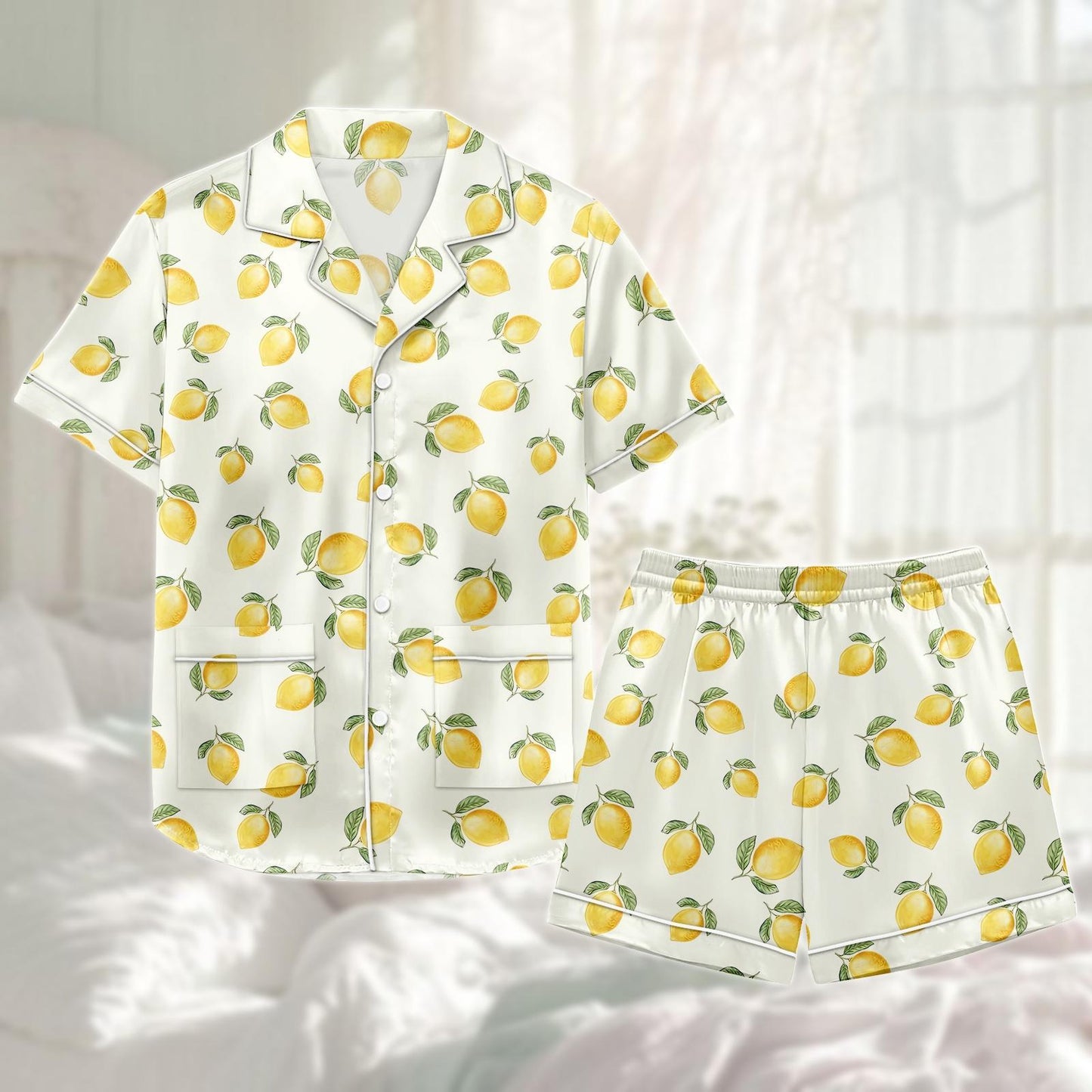 Lemon Satin Pajama Short Set, Fruit Print Sleepwear, Cute Yellow Pjs For Women, Matching Pjs, Summer Lounge Set, Citrus Gift For Her