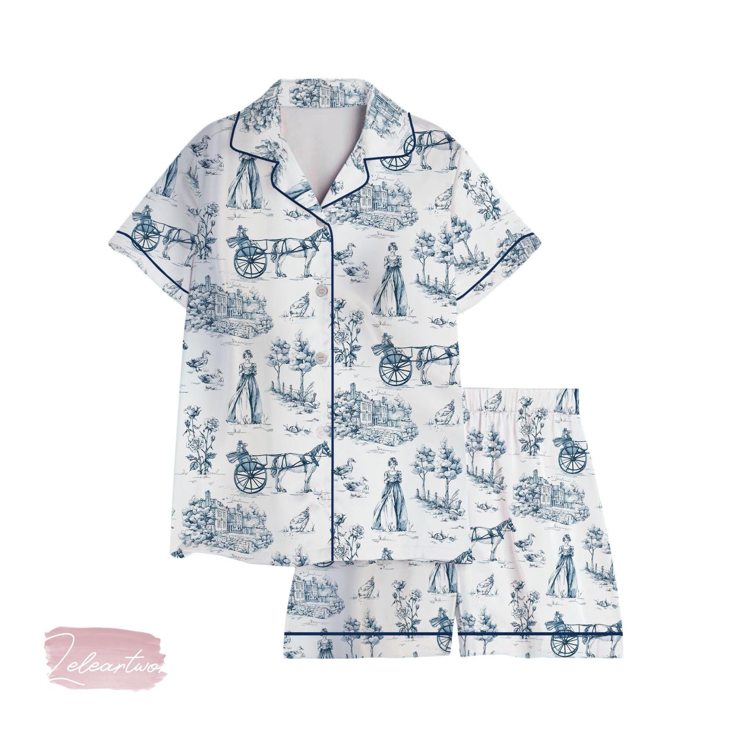 Pride and Prejudice Set | Silky Satin Pajama Set for Women | Jane Austen Toile Print Sleepwear | Regencycore Lounge Gift | Bookish Nightwear