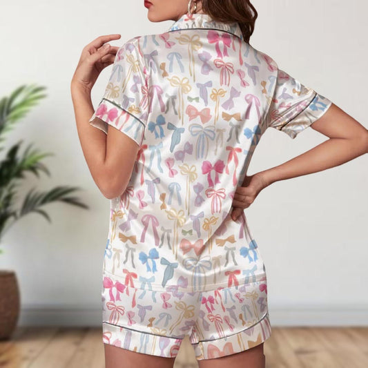 Coquette Bow Satin Pajama Short, Cute Ribbon Sleepwear for Women, Aesthetic Soft Girl Short Pajamas, Gift for Her