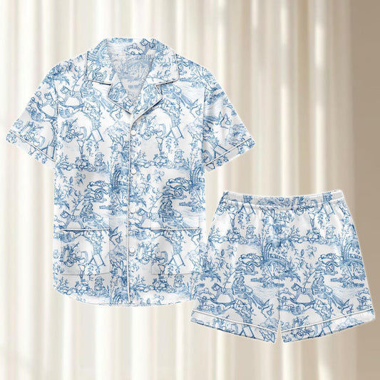 Blue Toile Fairy Tale Satin Pajamas Short Set, Vintage Storybook Sleepwear, Matching Women Pjs, Elegant Nightwear, Gift For Her