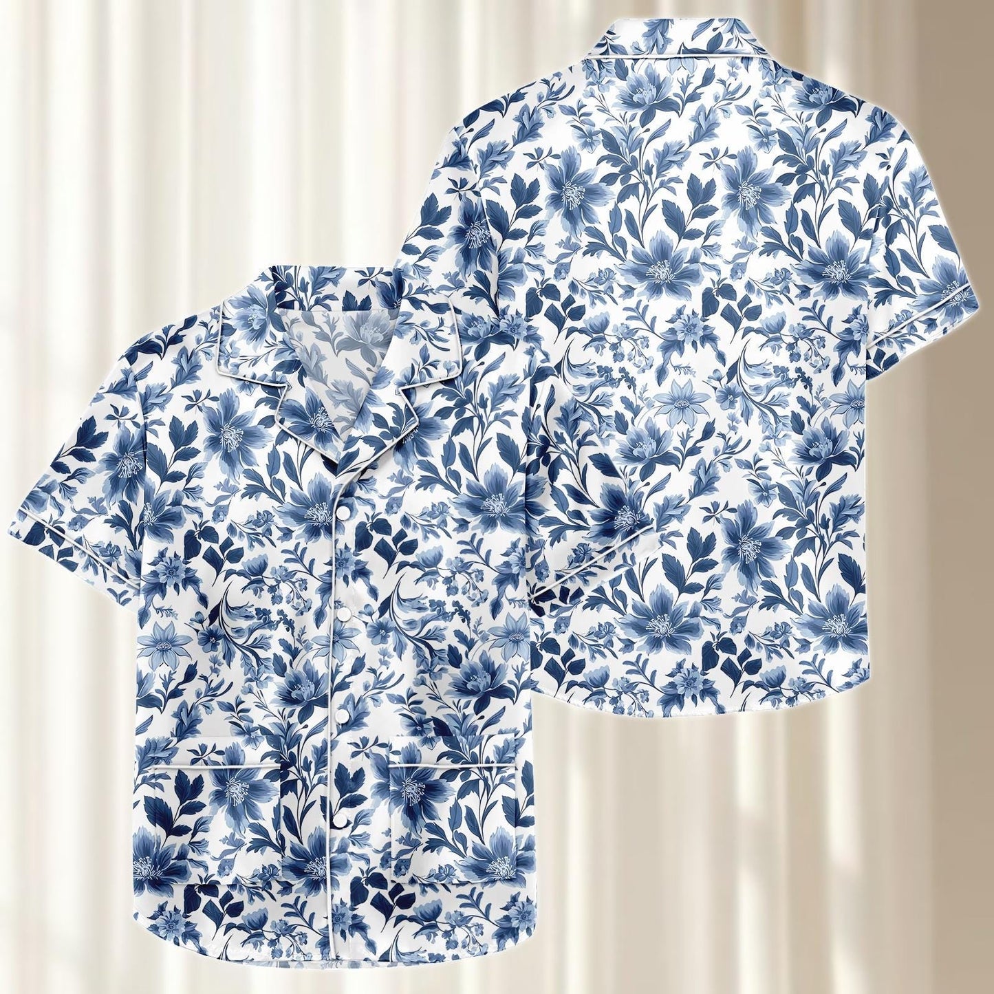 Navy Floral Satin Pajama Set, Elegant Botanical Summer Loungewear, Soft Nightwear Set, Vintage Matching Pjs, Holiday Pjs, Gift For Her