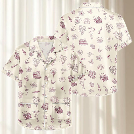 Bookish Satin Pajama Set, Floral Short Sleeve Sleepwear, Cozy Summer Pjs, Women Matching Pajamas Set, Funny Gift For Reader