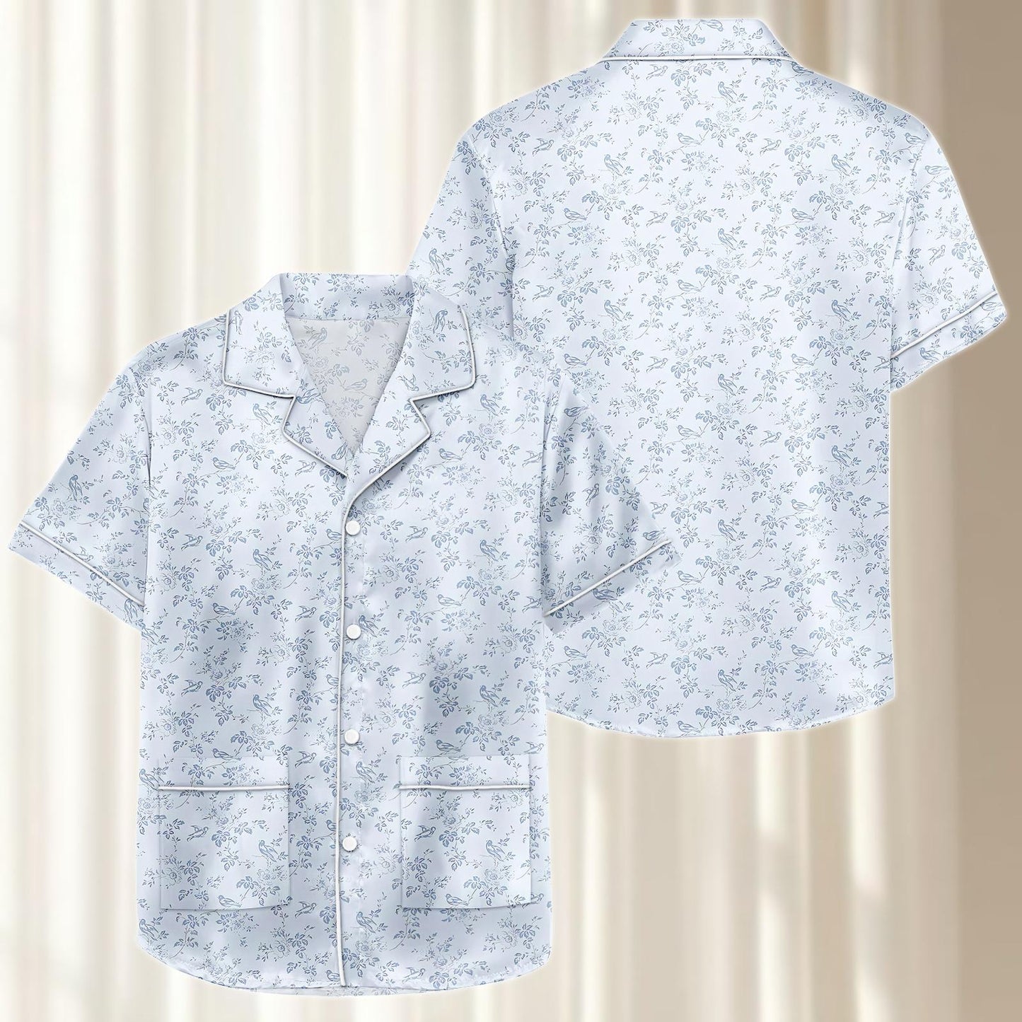 Blue Floral Satin Pajamas Short Set, Small Flower Nightwear, Soft Summer Loungewear, Matching Pajamas Set, Birthday Gift For Her