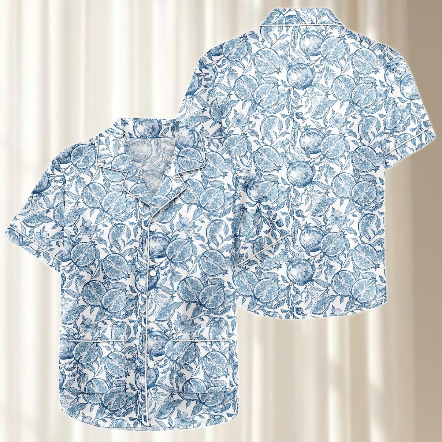 Blue Citrus Satin Pajama Set, Mediterranean Fruit Women Sleepwear, Vintage Summer Loungewear, Soft Gift Matching Pjs Set, Gift For Her