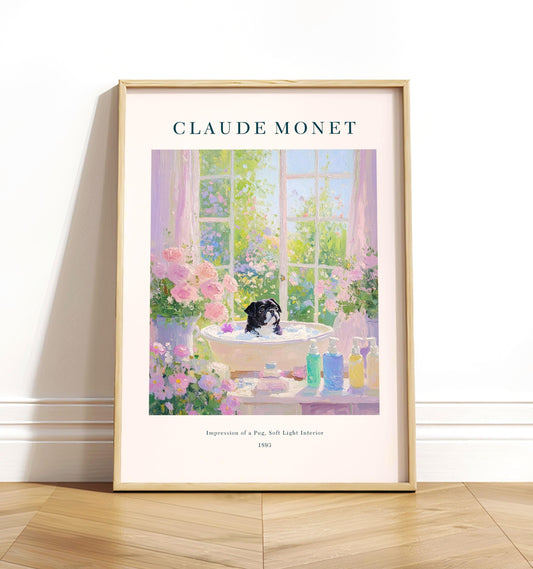 Black Pug Bathroom Print: Monet Style French Decor