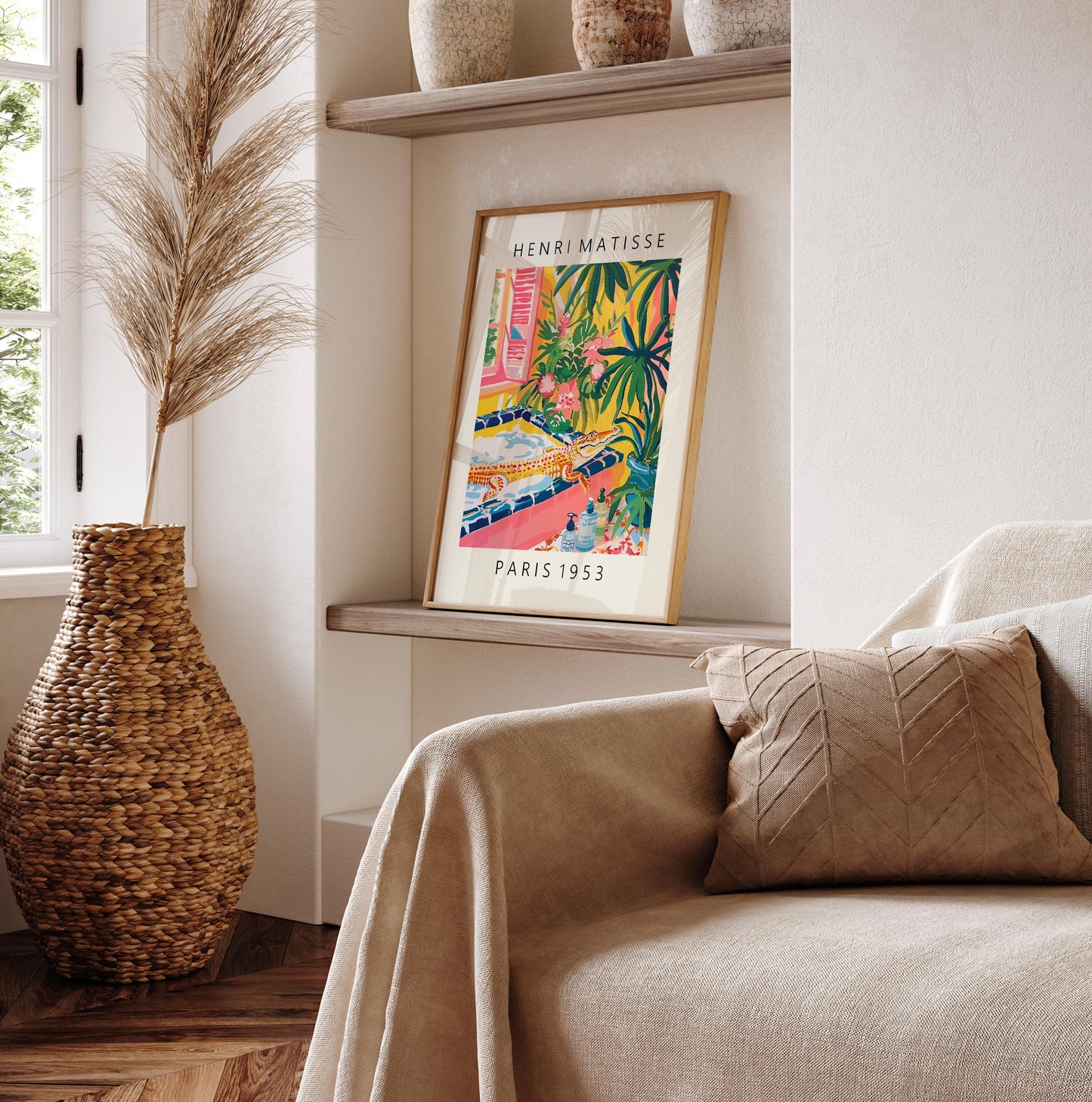 Crocodile in Bathtub Print: Funny Pink Bathroom Wall Art