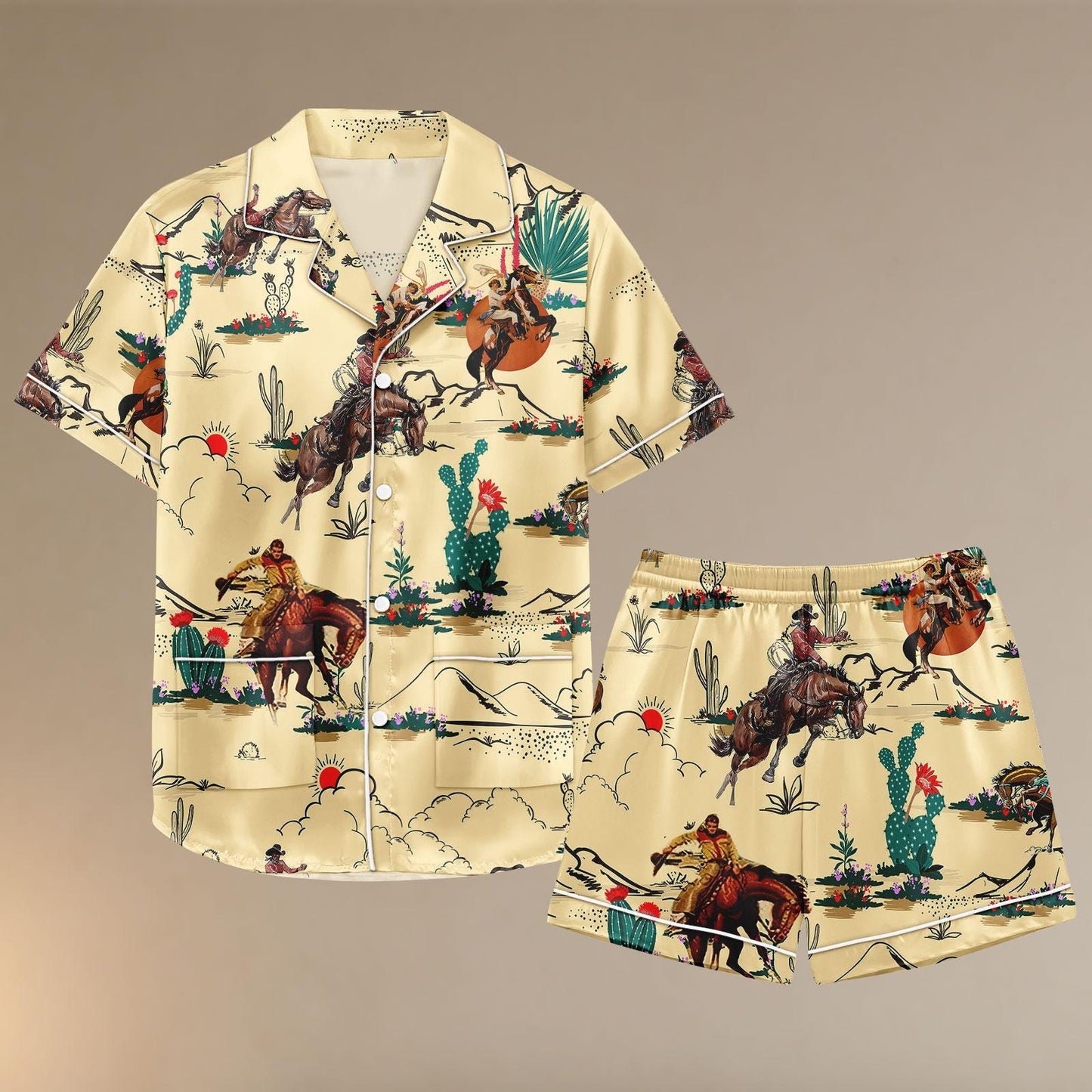 Cowboy Satin Pajamas Shorts, Western Desert Sleepwear, Horse Rider Pajama Set, Rodeo Pajamas, Gift For Her
