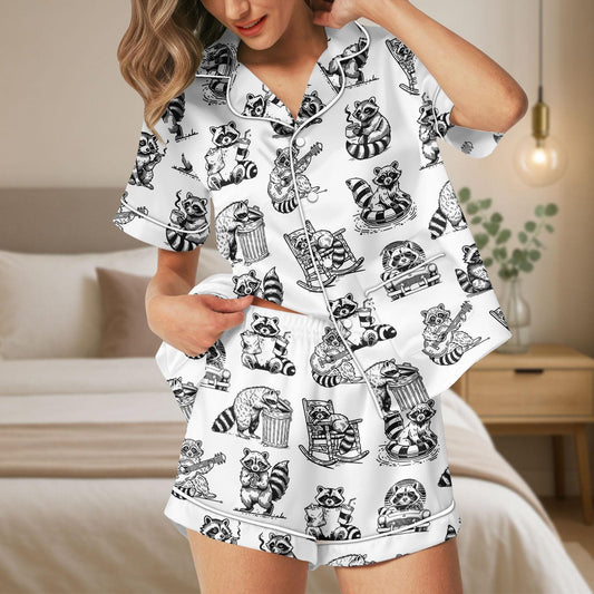 Raccoon Satin Pajamas Shorts, Vintage Animal Sleepwear, Sketch Style Pajamas, Forest Animal Pajamas, Gift For Her