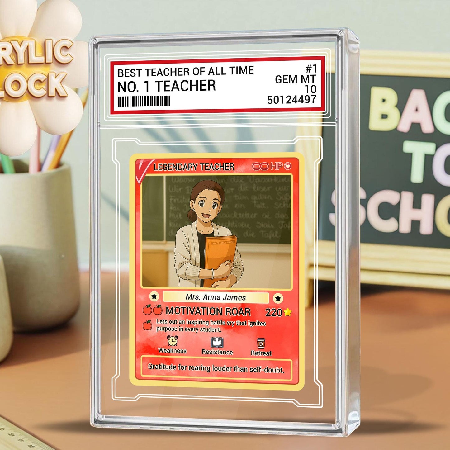 Custom Teacher Appreciation Card, Personalized Desk Plaque, Legendary Trading Style Acrylic Block, End of Year Teacher, Back to School Gift