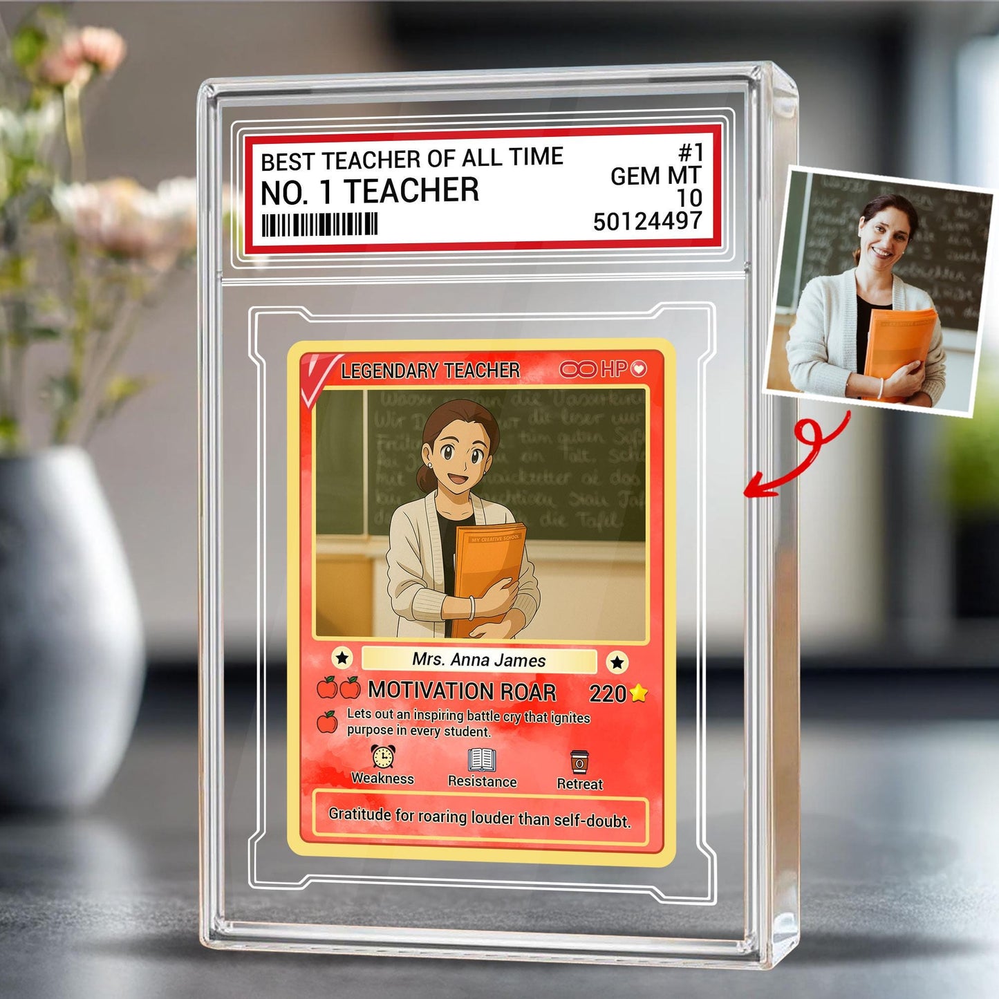 Custom Teacher Appreciation Card, Personalized Desk Plaque, Legendary Trading Style Acrylic Block, End of Year Teacher, Back to School Gift
