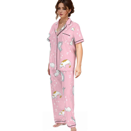 Kawaii Heaven Women's Pink Cat Print Pajamas Set with Elastic Waist & Black Contrast Piping