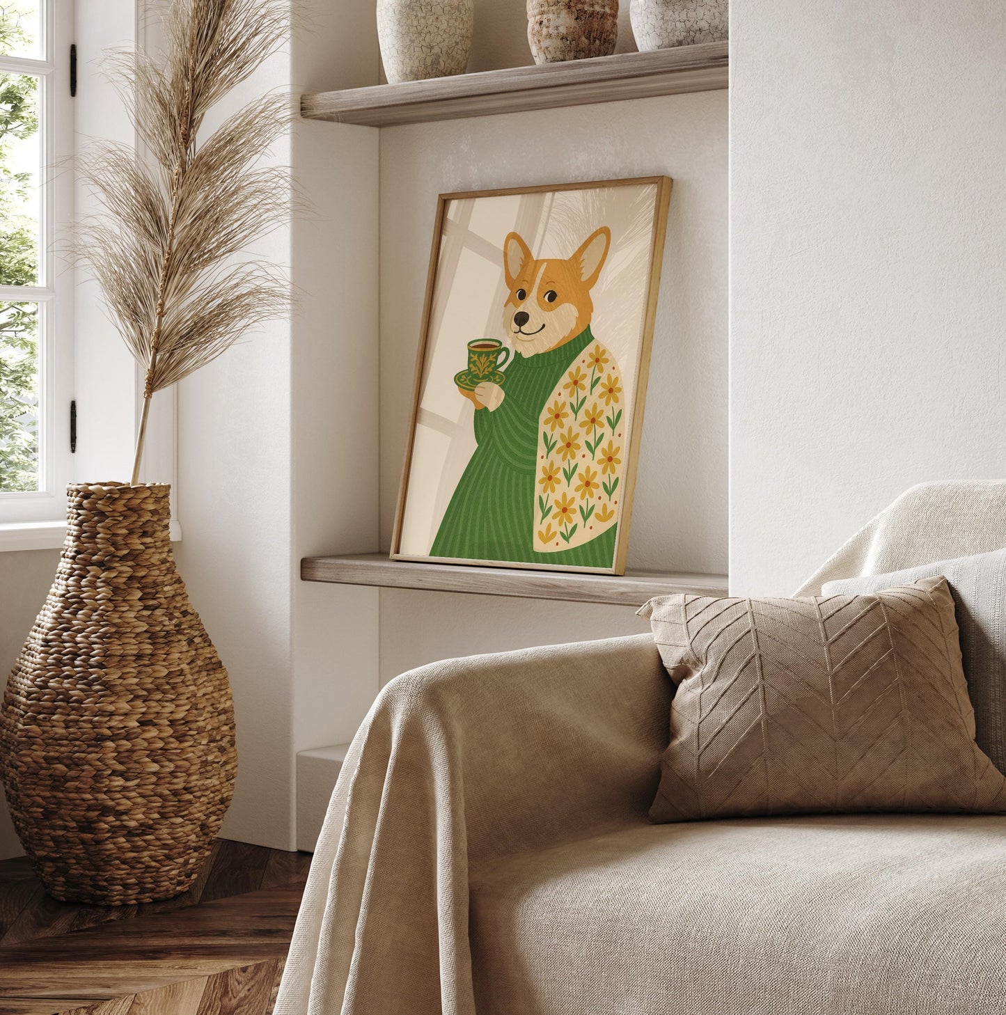 Corgi art print, Dog wall art, Dog with coffee, Coffee print, Espresso art print, Floral pattern print, Beige neutral aesthetic poster