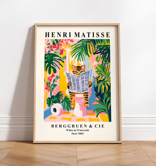 Tabby Cat on Toilet Art Print: Funny Matisse Style Bathroom Wall Art