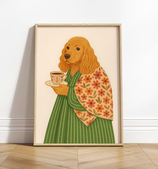 Cocker Spaniel print, Dog with coffee, Coffee wall art, Espresso art print, Floral pattern print, Beige neutral aesthetic poster, Dog art