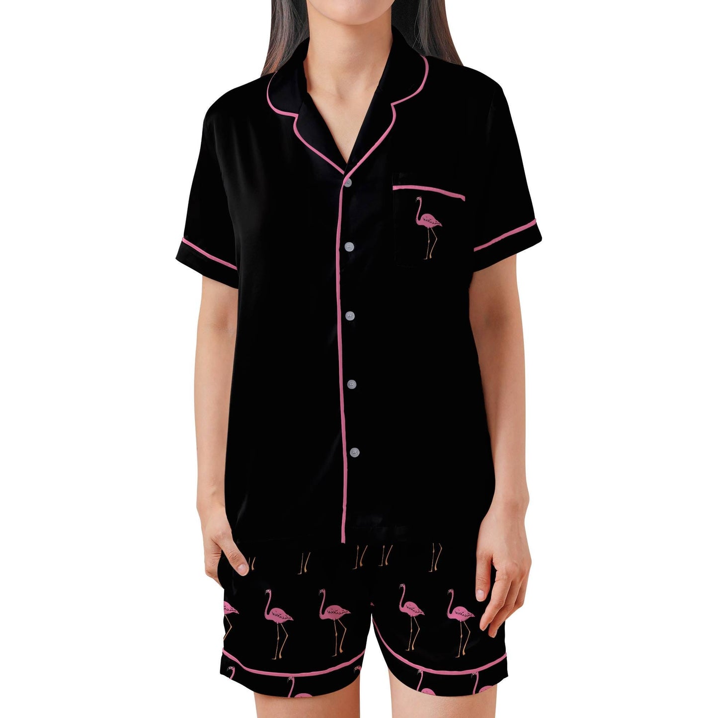Flamingo Short Sleeves Pajama Set, Flamingo Woman's Black and Pink Satin Pajama Short Sleeve Shorts