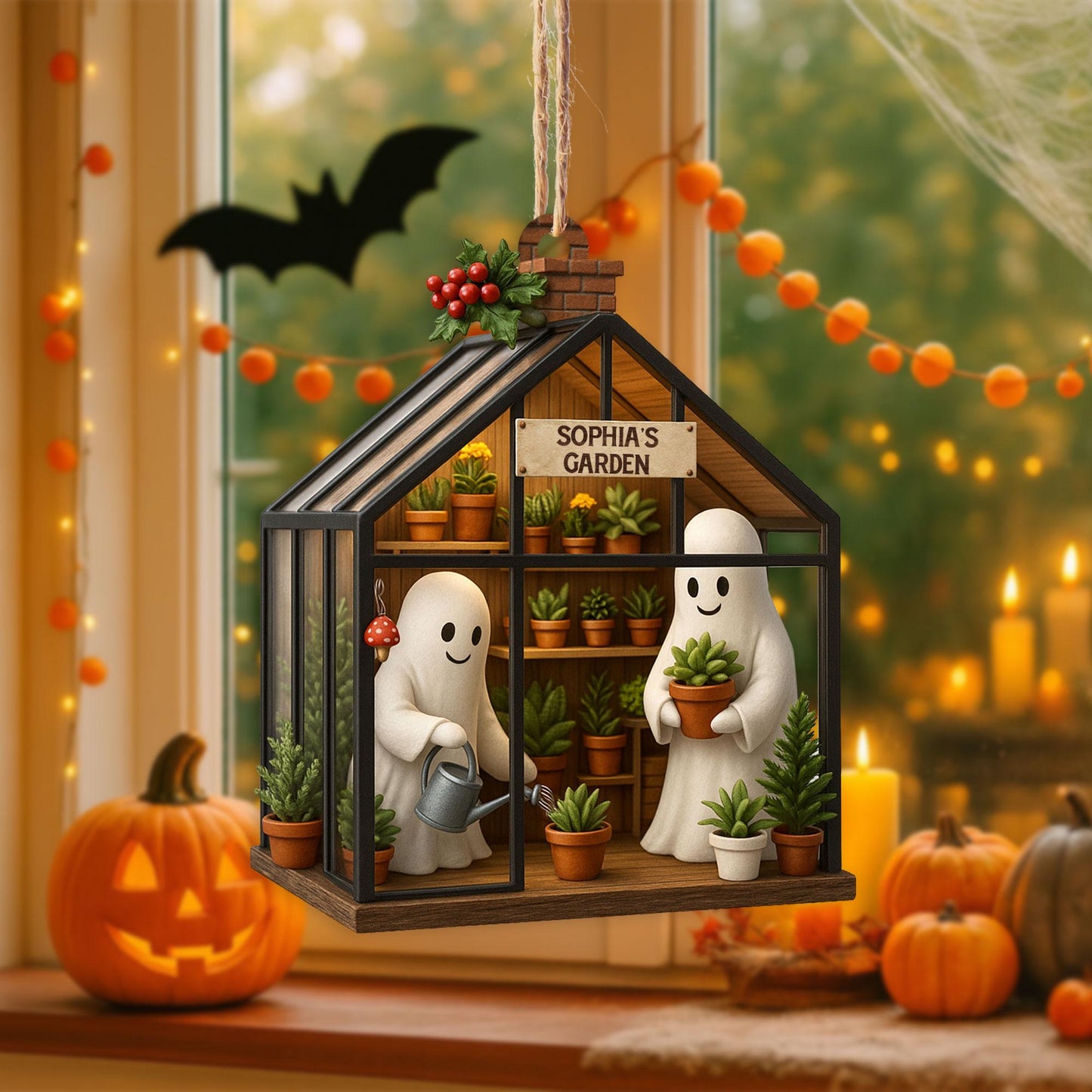 Personalized Ghost in Garden 2D FLAT Acrylic Ornament, Plant Lovers Halloween Gift, Halloween Ornament for Plantaholic, Greenhouse Ornament