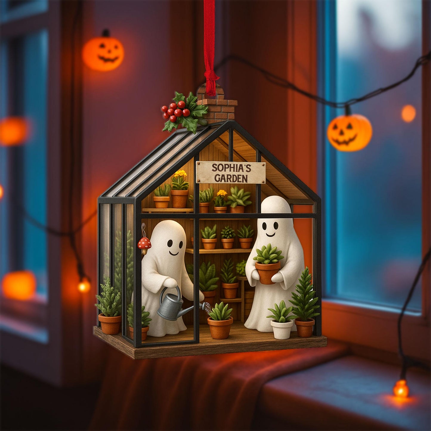 Personalized Ghost in Garden 2D FLAT Acrylic Ornament, Plant Lovers Halloween Gift, Halloween Ornament for Plantaholic, Greenhouse Ornament