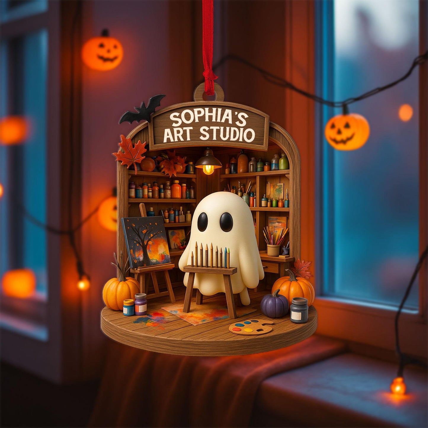 Personalized Ghost Drawing Acrylic Ornament, Art Studio 2D Flat Ornament, Halloween Ghost Window Hangings, Gift for Artists, Art Lover