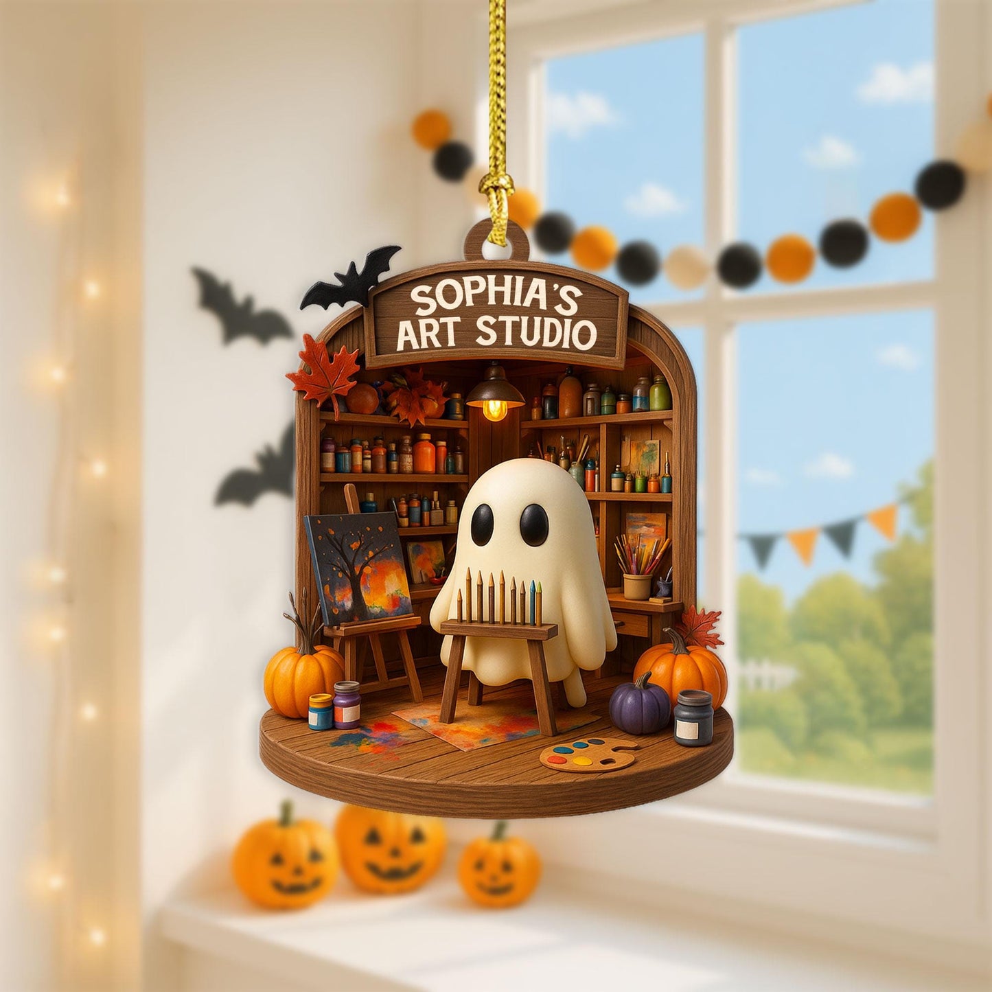 Personalized Ghost Drawing Acrylic Ornament, Art Studio 2D Flat Ornament, Halloween Ghost Window Hangings, Gift for Artists, Art Lover