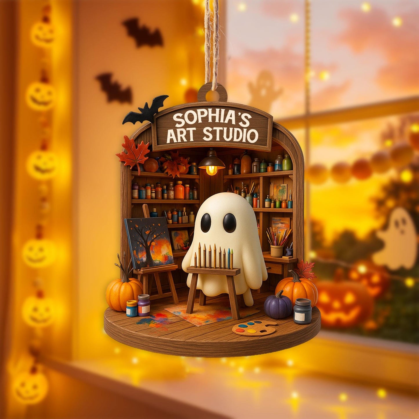 Personalized Ghost Drawing Acrylic Ornament, Art Studio 2D Flat Ornament, Halloween Ghost Window Hangings, Gift for Artists, Art Lover